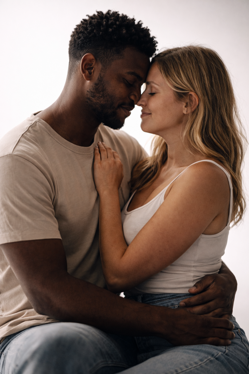 Photographe couple en studio à Lyon pour photos naturelles et authentiques