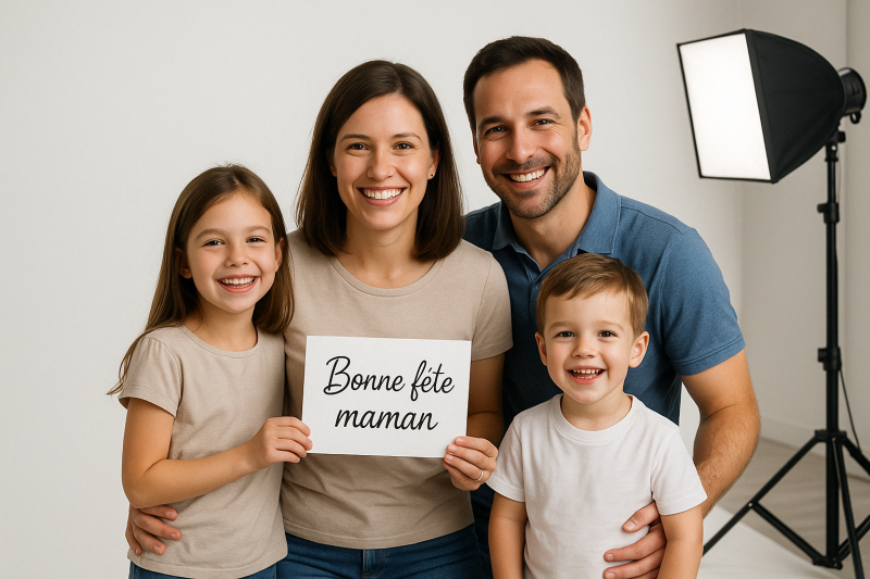 Photo de famille en studio pour la Fête des mères : maman avec pancarte Bonne fête maman