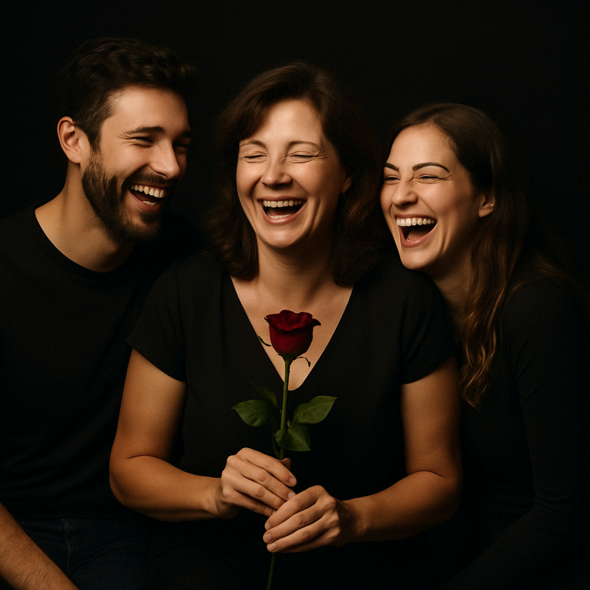 Séance photo en studio fête des mères : mère avec ses enfants adultes riant aux éclats