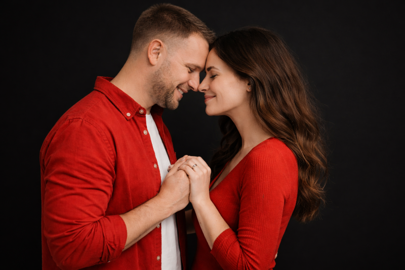 Shooting photo couple romantique Saint Valentin en studio fond noir